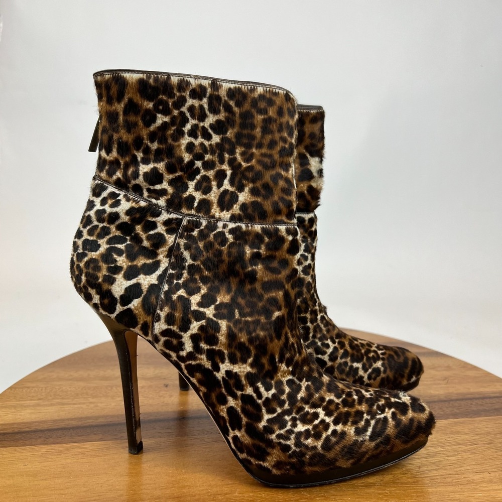 Womens Jimmy Choo Leopard Pony Hair Heels Ankle Booties Boots Size 39.5 US 9.5
